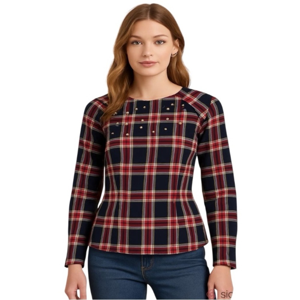 H&M Pearl Tartan Plaid Peplum Long Sleeves Too, 100% cotton Women’s size 2
